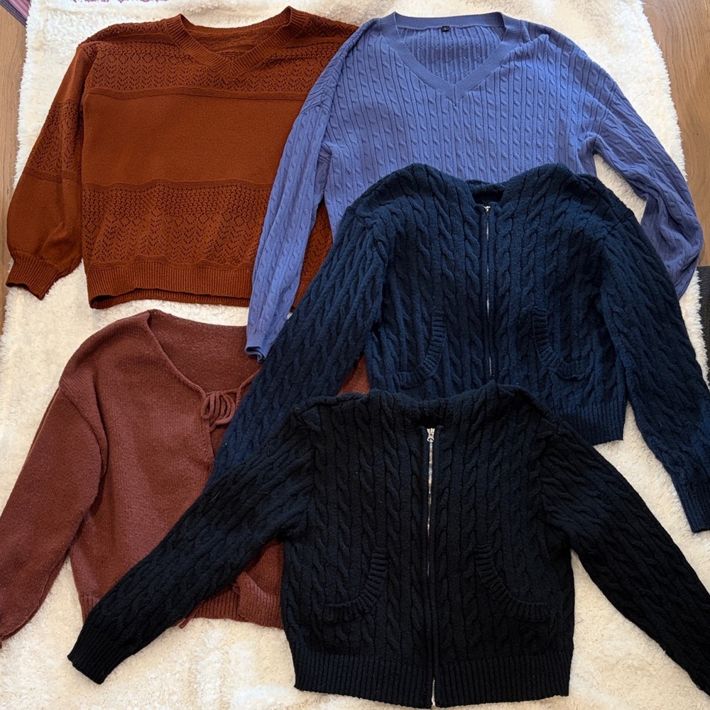 5 sweaters. all size L. measurements in pics.